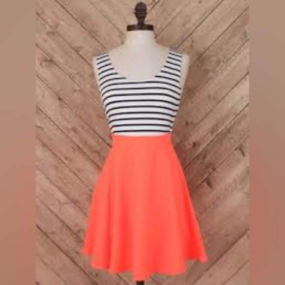 Altar'd State Neon Orange with Black and White Stripes Dress - Picture 1 of 6